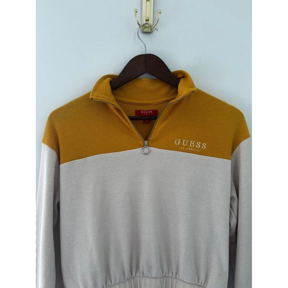 Guess Waffle Knit Quarter Zip Pullover Women XS Y2K Athleisure Streetwear